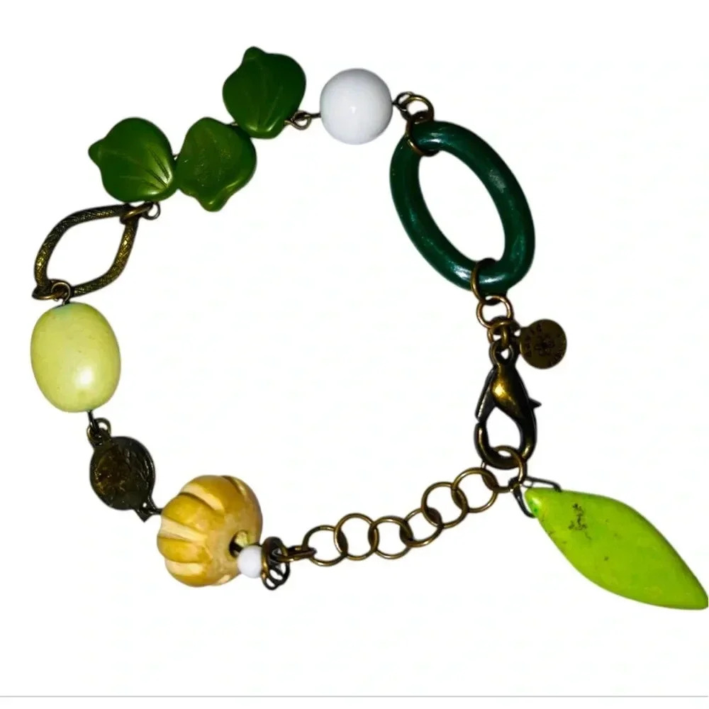 David Aubrey bracelet in shades of green made of wood metal & artisan beads 8.5”